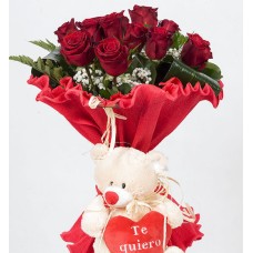 Bouquet of 12 Italian roses with stuffed animal